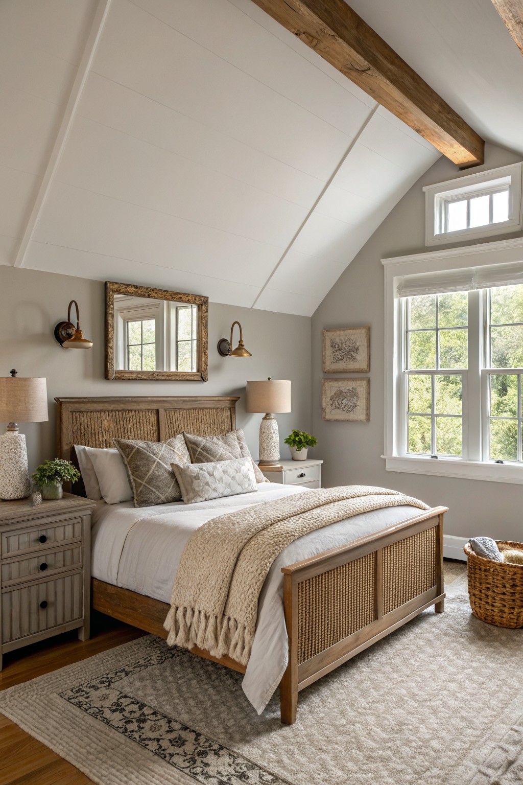 Cozy attic bedroom featuring soft greige walls, rattan bedframe, wood beams, white trim, and large windows with greenery views
