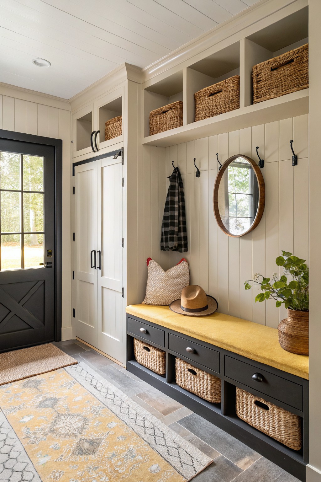 Mudroom with soft greige shiplap walls, black door and cabinets, yellow bench with seagrass baskets, round mirror, and hooks holding coats and hats