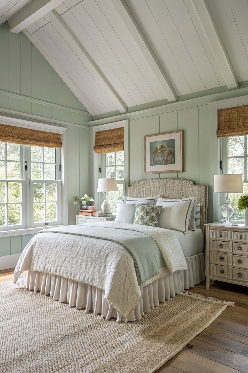 Bedroom with soft pale green shiplap walls, white ceiling beams, upholstered bed, bamboo shades, and hardwood floors