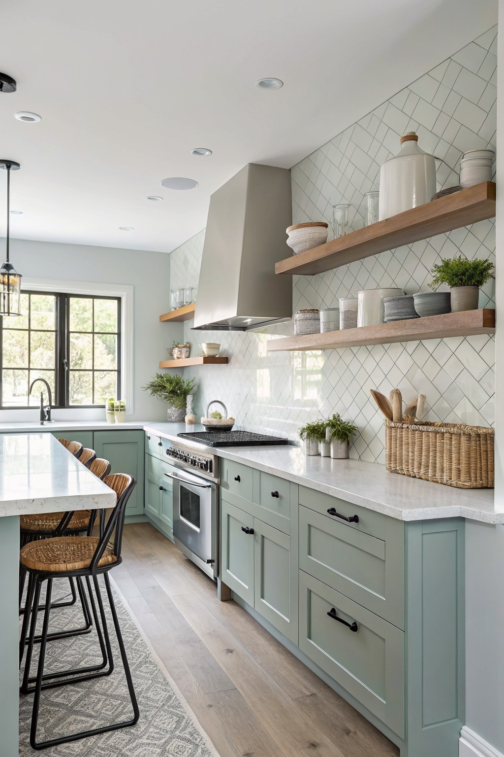 Kitchen featuring pale sage green cabinets paired with white quartz counters, herringbone tile backsplash, and floating wood shelves.