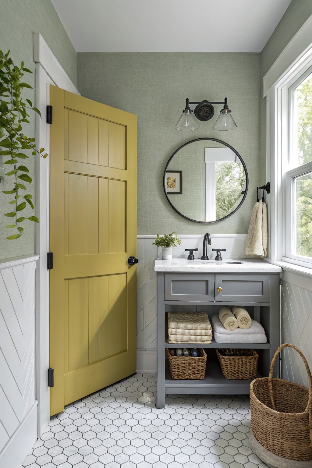 Small bathroom with soft sage green walls, yellow paneled door open, light gray vanity, round mirror, and white subway tile accents