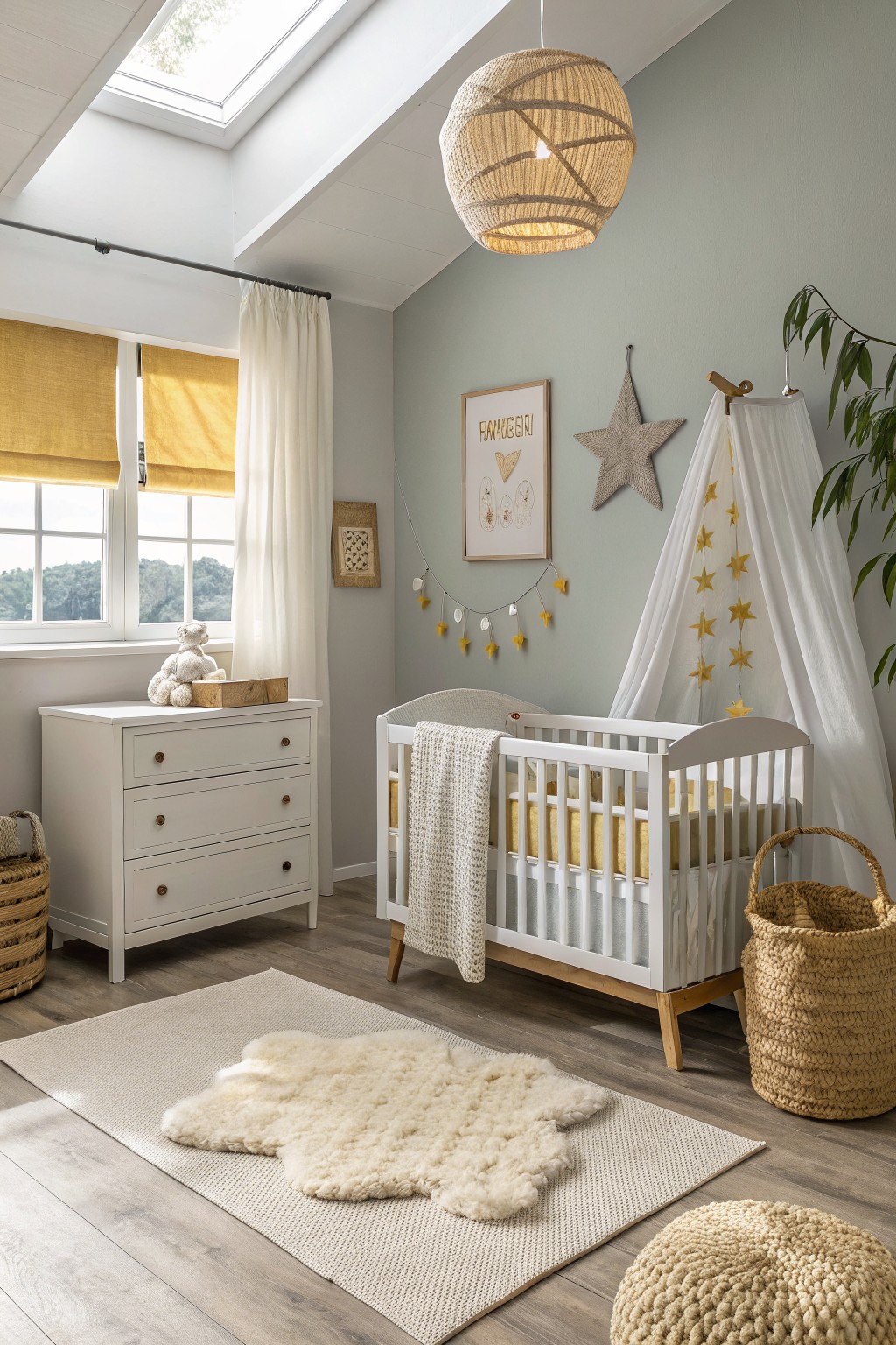 Pale sage green walls surrounding a white crib in a sunny nursery with wood floors and yellow accents