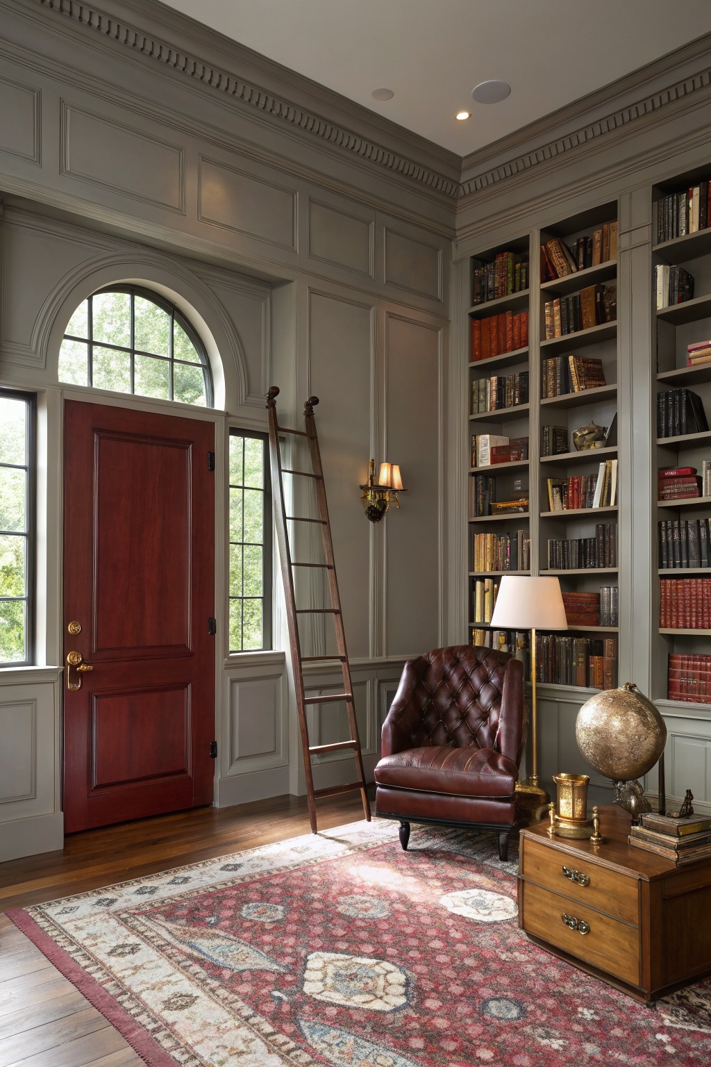 Cozy library interior with soft warm gray paneled walls, tall bookshelves, wooden ladder, leather armchair, brass lamp, globe, and red door