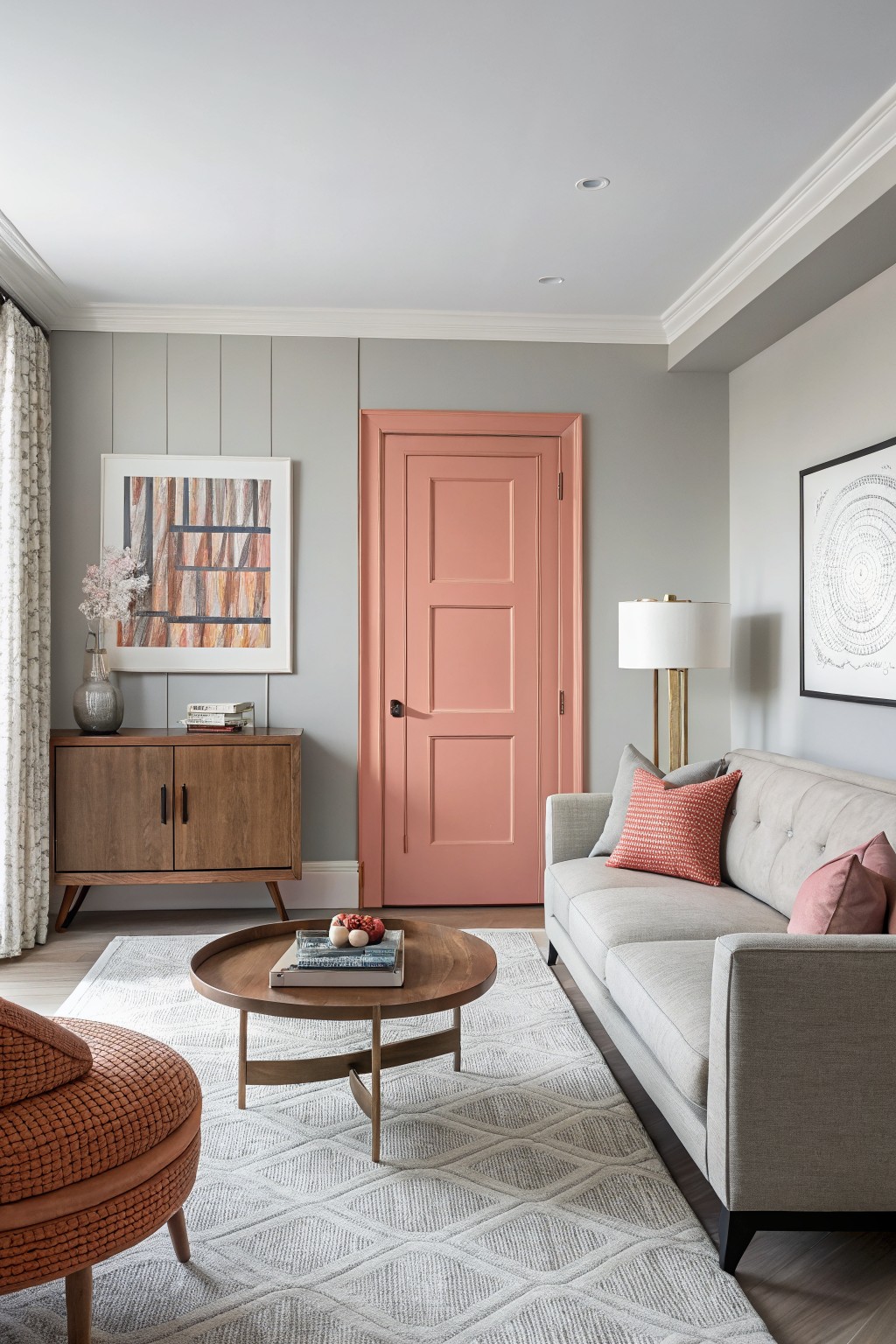 Light gray living room with warm coral pink door, gray sofa, wood credenza, and round coffee table