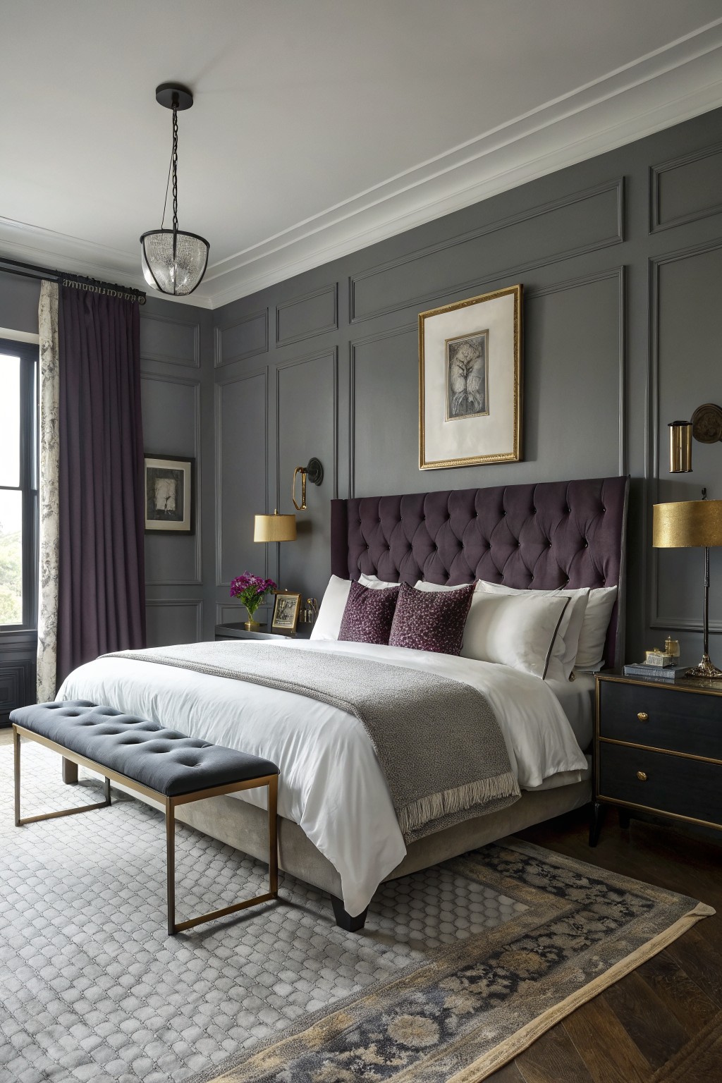 Bedroom with warm medium gray paneled walls, tufted purple headboard, gold lamps, and wood floors