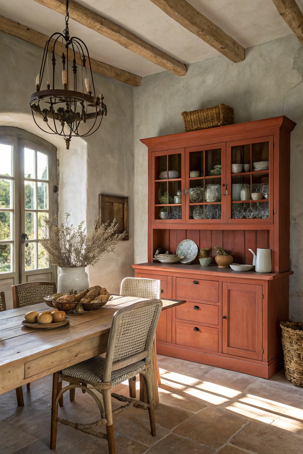 Rustic dining area featuring a tall warm terracotta china cabinet filled with ceramics, set against light gray plaster walls with wooden beams and a farmhouse table.