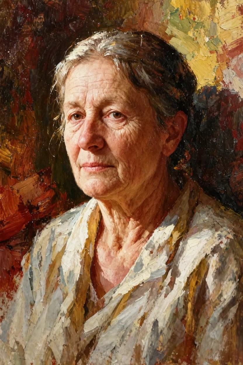 Close-up oil portrait of an elderly woman with gray hair, wrinkled face, pale eyes, thin lips, and white blouse against textured red-yellow-green background.