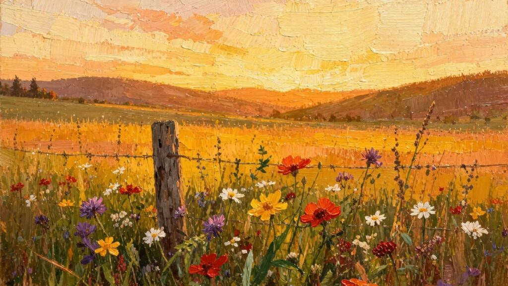 Oil painting of colorful wildflowers around a wooden fence post in a golden field at sunset with distant mountains.