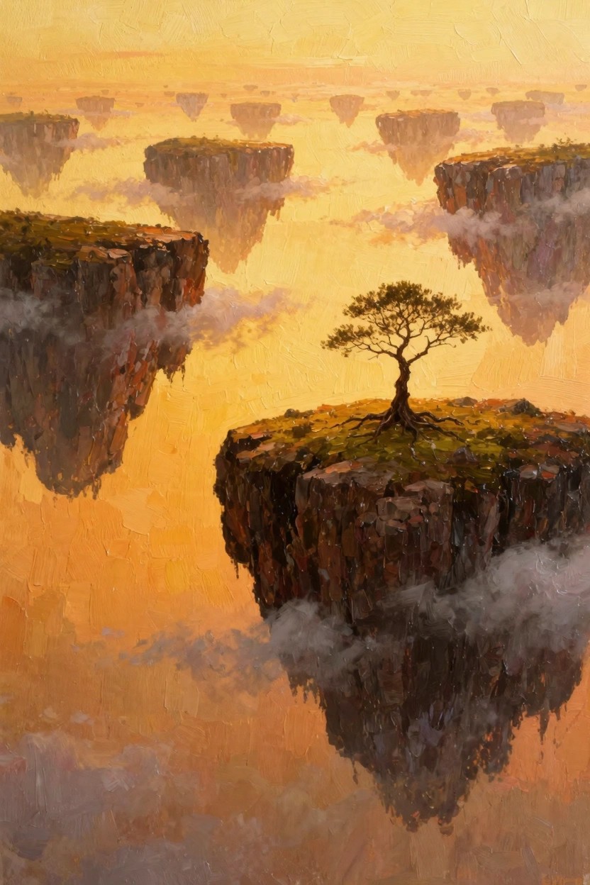 Oil painting of rocky islands with moss and a central tree floating amid clouds in a golden sunset sky.