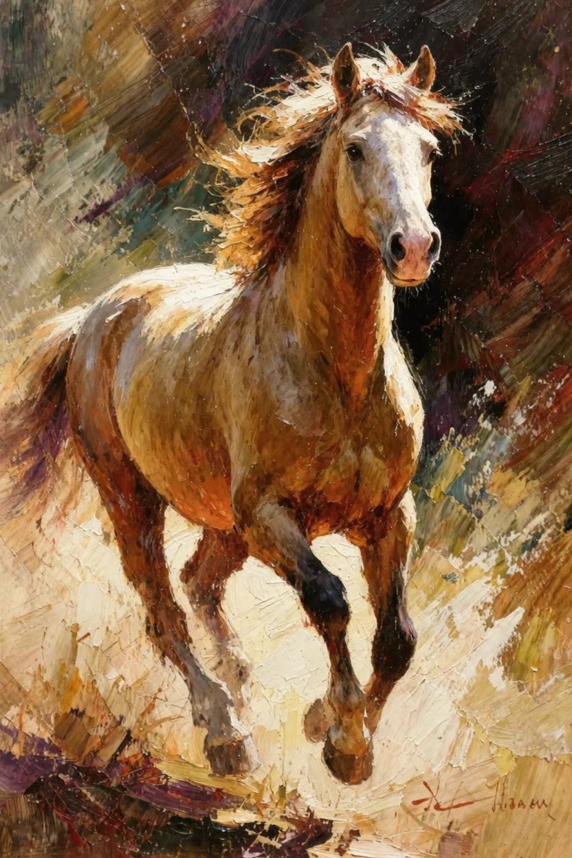 Oil painting of a palomino horse galloping forward with flowing mane and tail against a dark, textured background.