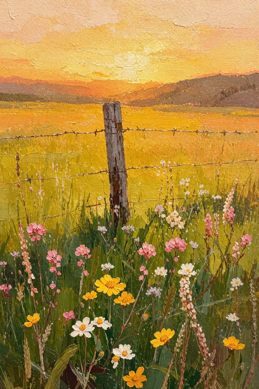Oil painting of colorful wildflowers around a wooden fence post in a golden field at sunset with distant mountains.