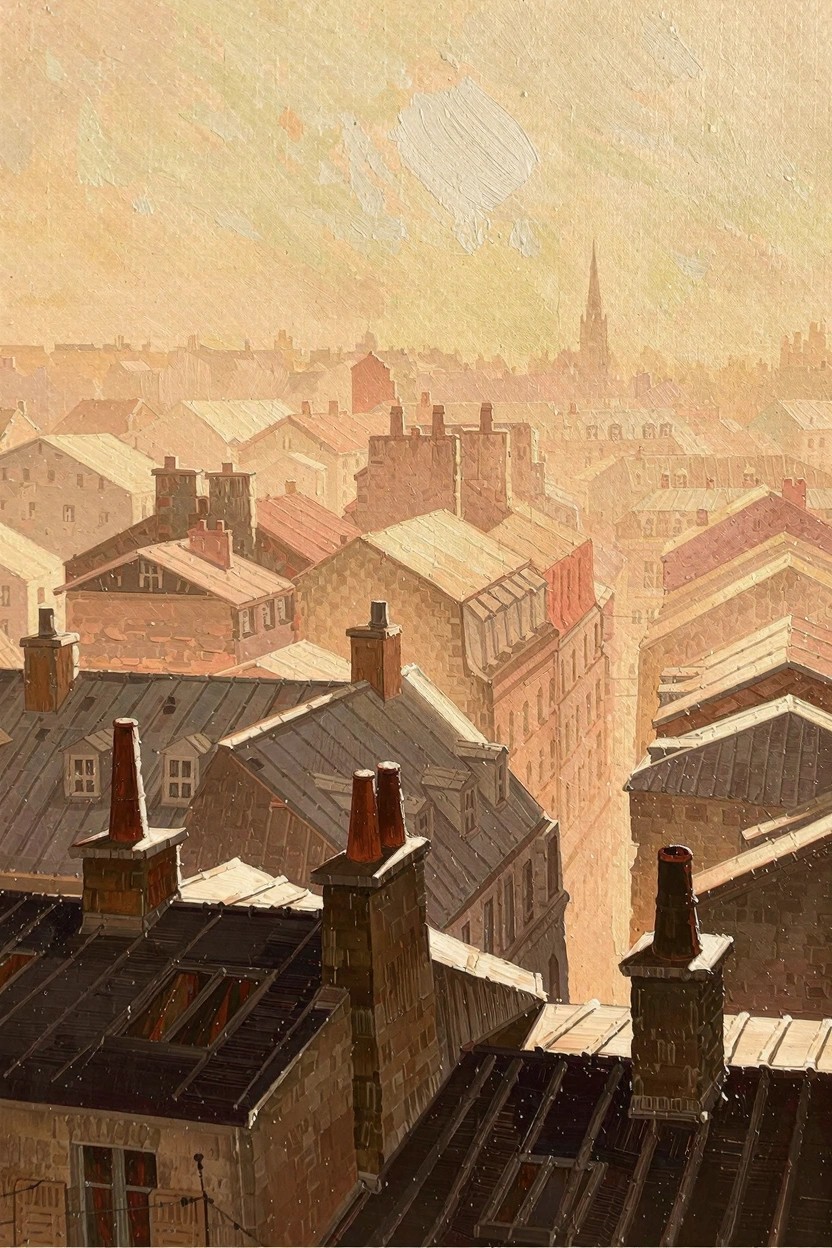 Painterly view of overlapping European city rooftops, chimneys, and distant church spire in warm golden hour light.