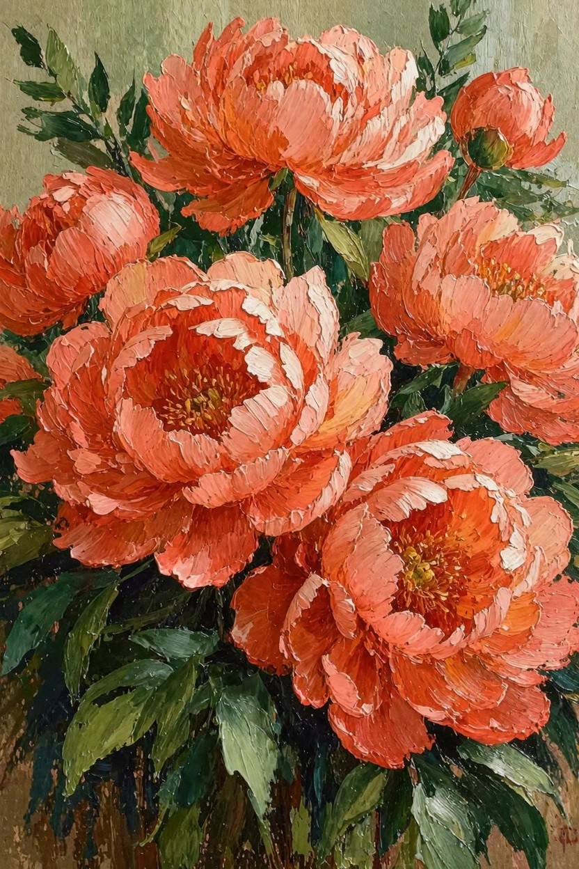 Oil painting of clustered coral peonies with ruffled petals, green leaves, and a subtle green background.