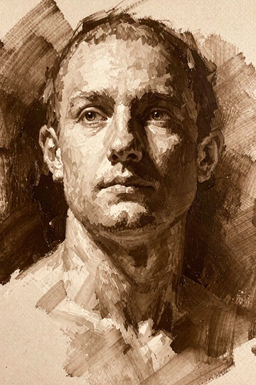Close-up oil painting portrait of a bald man with piercing eyes, serious mouth, and shadowed features in brown sepia tones on textured paper-like background.