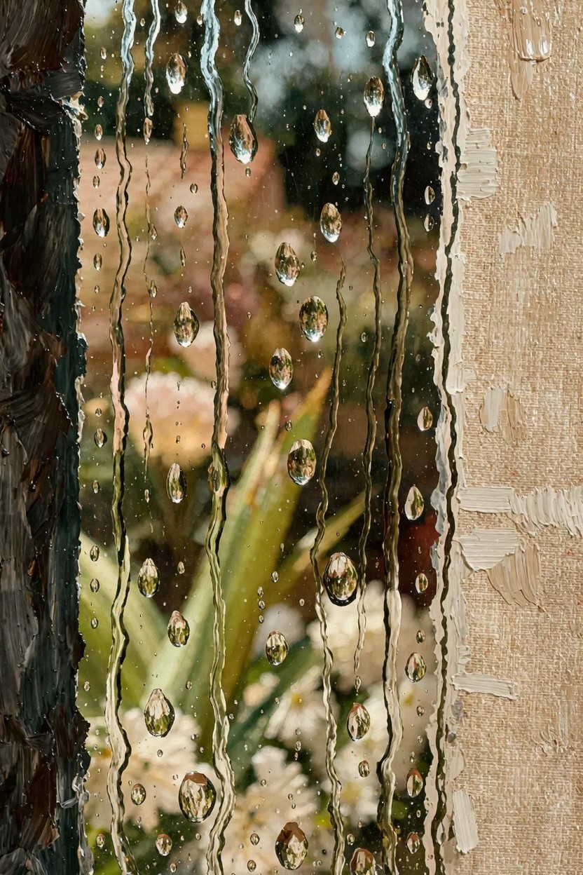 Close-up oil painting idea of raindrops and streaks on glass over a blurred outdoor garden with green plants, white flowers, dark frame on left, and beige textured surface on right.