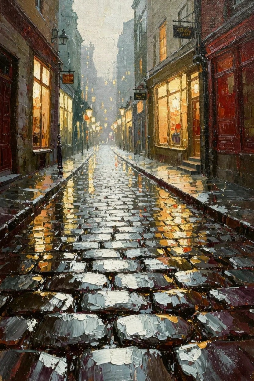 Oil painting of a narrow wet cobblestone alley at dusk lined with lit shop windows, gas lamps, and glowing reflections on the pavement.