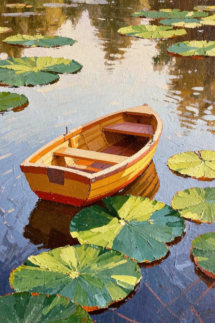 Oil painting of a small orange wooden rowboat nestled among large green lily pads on reflective blue water.