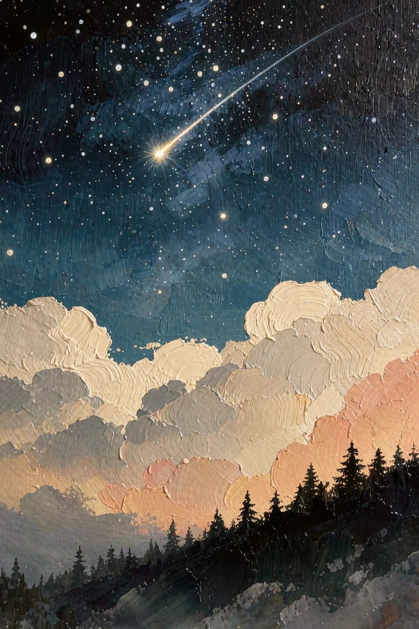 Oil painting depicting a starry night sky with shooting star, textured clouds in grays and oranges, and dark pine trees on a mountain base.