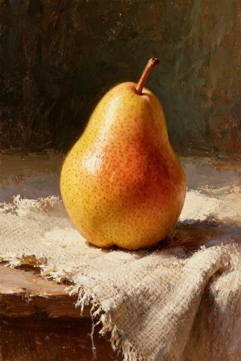 Oil painting of a yellowish pear with red blush and stem on white textured cloth over wood against dark background.