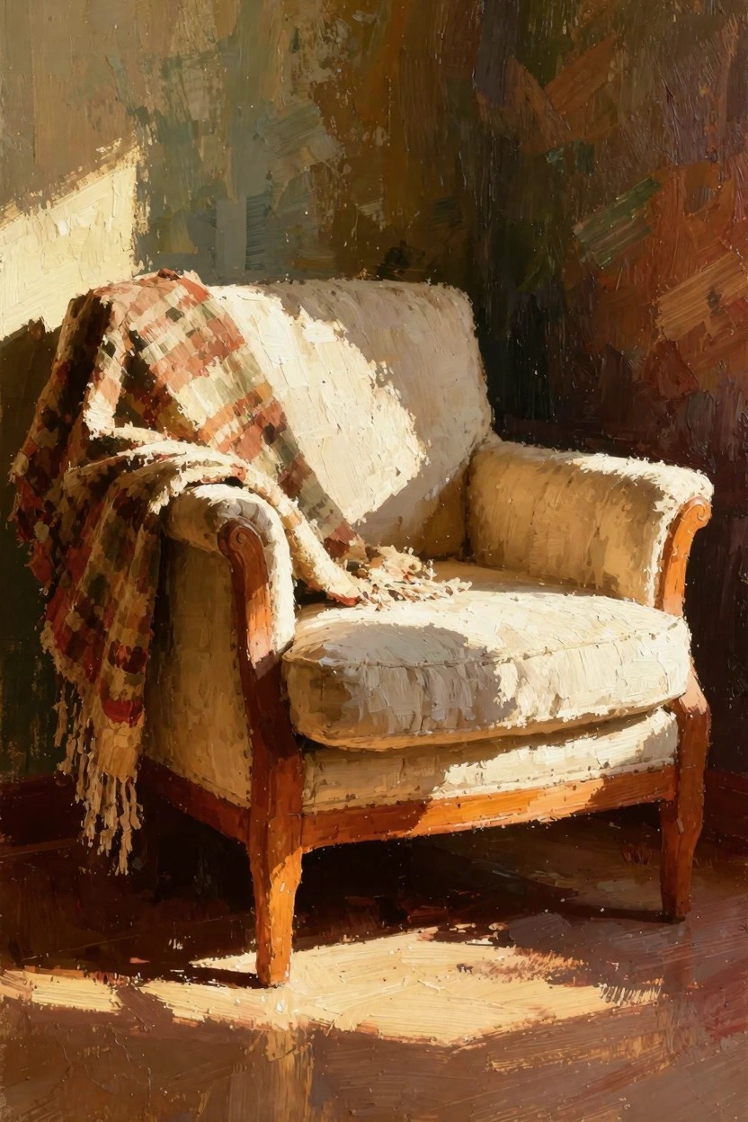 Oil painting of a cream armchair with plaid blanket in a sunlit corner against textured green and brown walls.