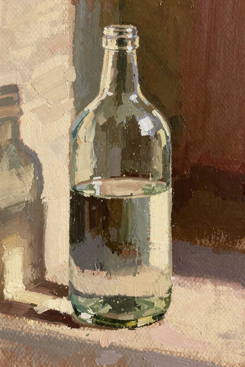 Oil painting of a clear glass bottle half-filled with water on a light surface, casting a shadow, next to a smaller jar, rendered in warm tones with visible brushstrokes and reflections.