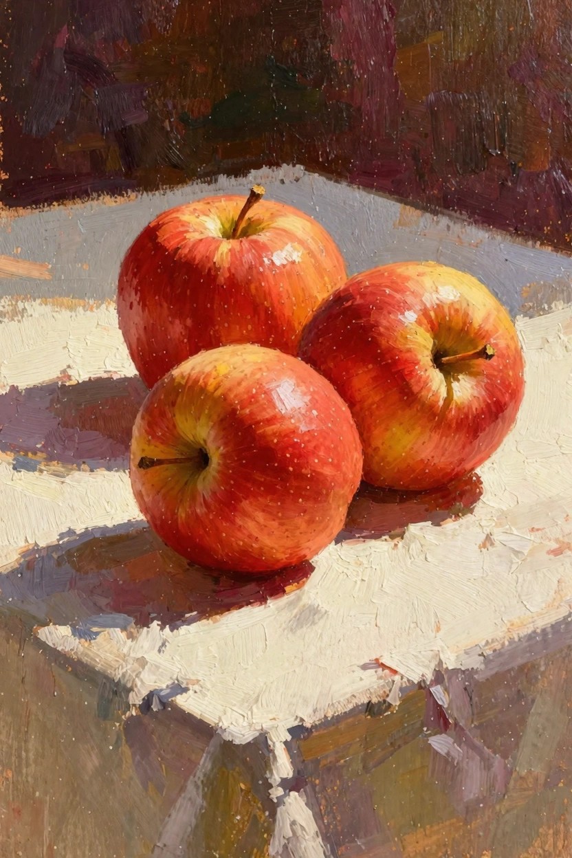 Oil painting of three glossy red apples arranged on a white cloth under warm side lighting with shadows and a dark background.