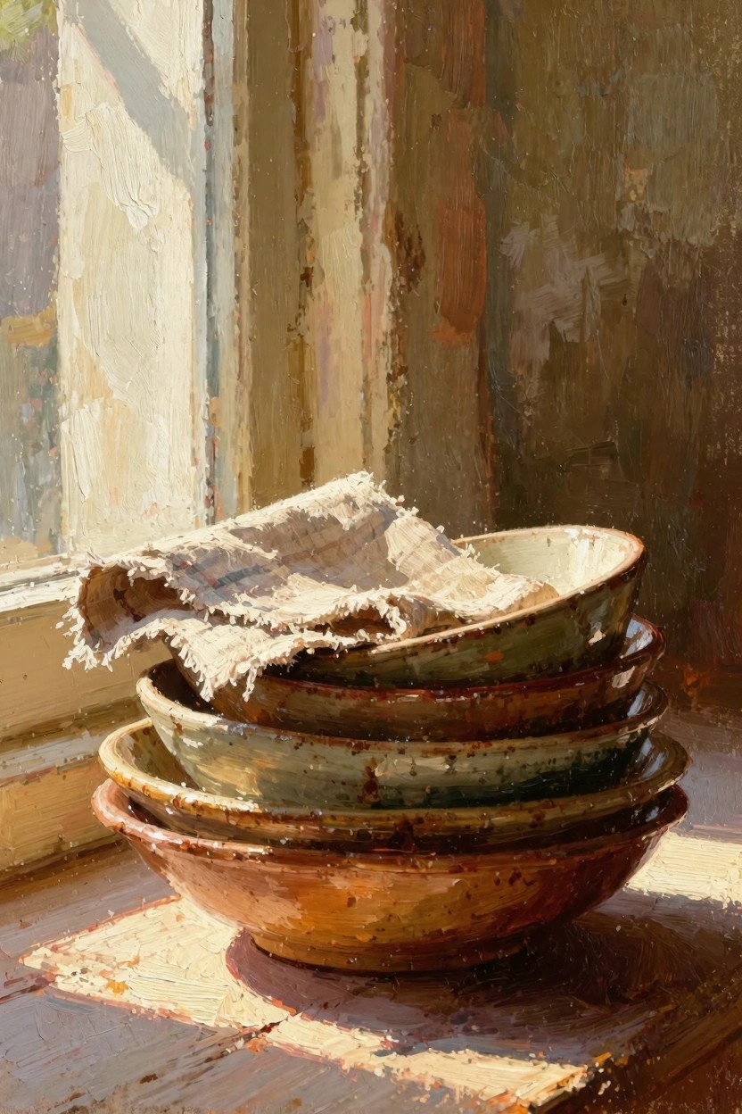 Oil painting of four stacked green and terracotta bowls draped with cloth on a sunlit wooden windowsill.