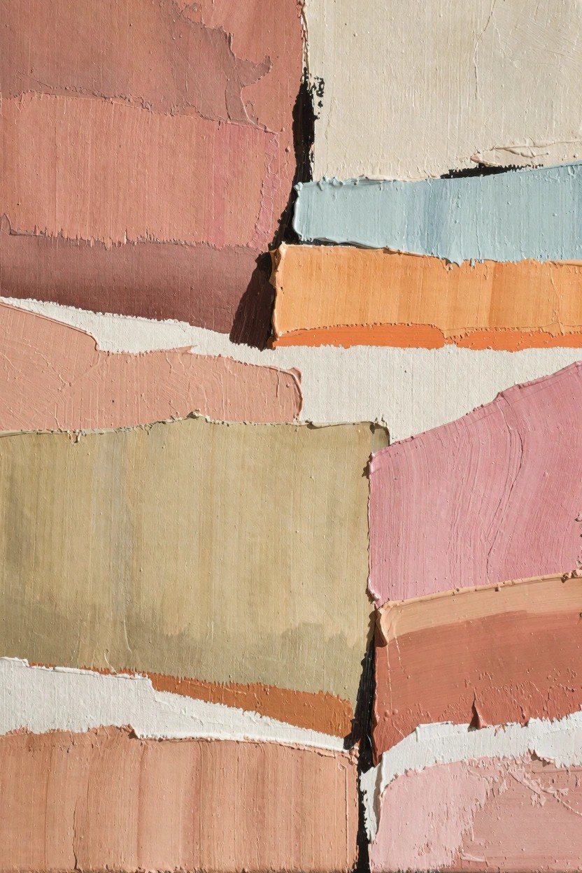 Abstract oil painting of overlapping textured blocks in earthy tones including rust, pink, beige, green, and blue.