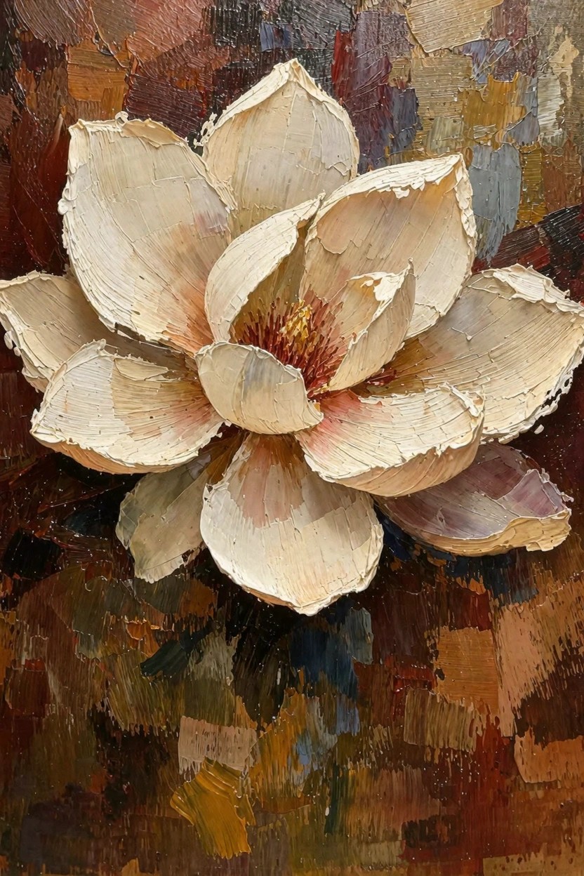 Oil painting of a white magnolia flower with thick, textured petals and red center against a dark, earthy background.