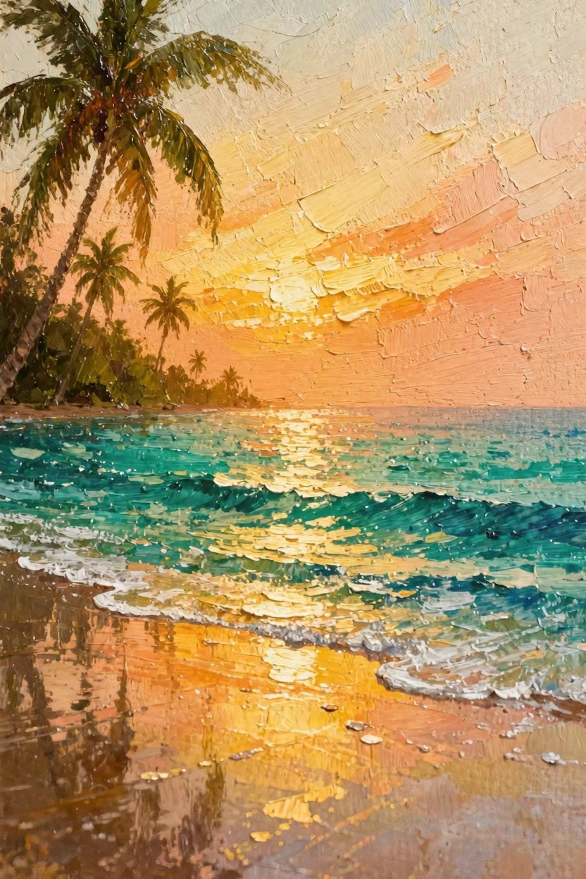 Oil painting of palm trees on a beach at sunset with turquoise waves, golden reflections, and orange-yellow sky.