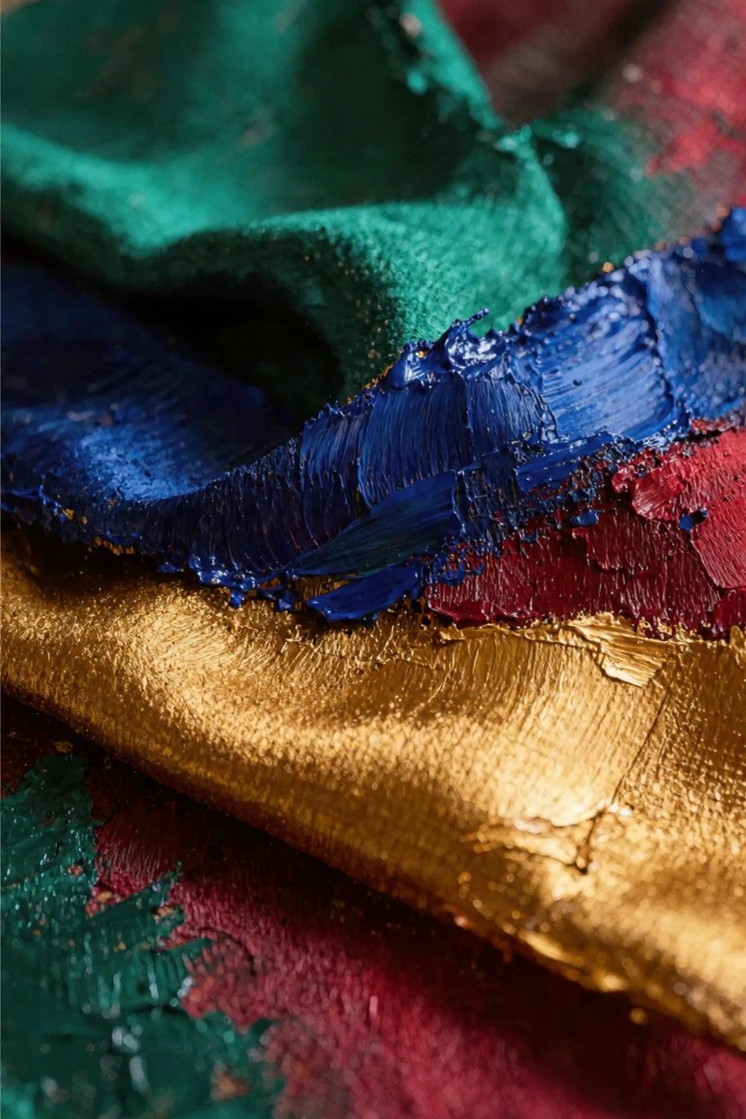 Close-up of overlapping emerald green textured fabric, thick blue and red impasto paint strokes, and metallic gold fabric layers.
