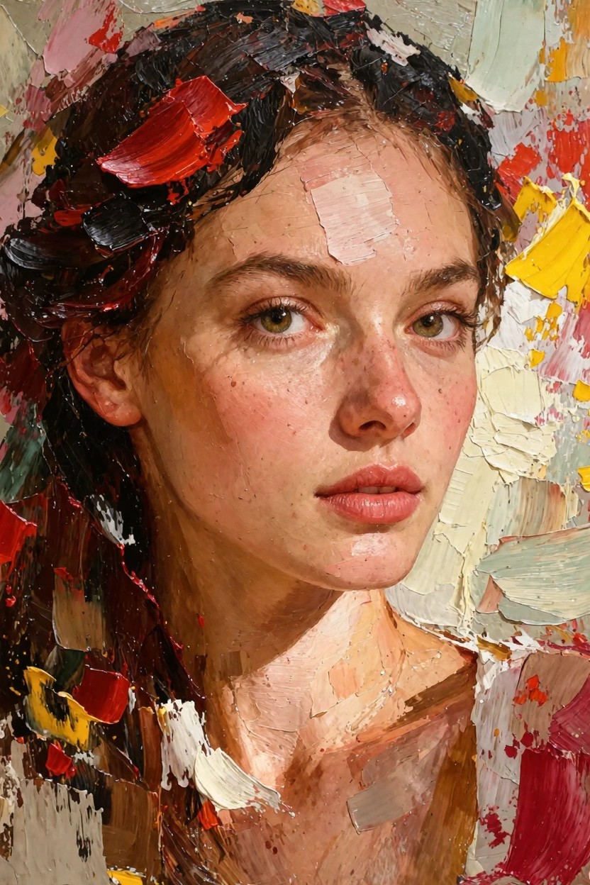 Close-up oil portrait of a freckled young woman with green eyes, dark hair textured in red and yellow impasto strokes against colorful abstract background.
