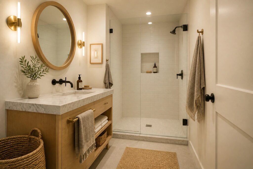 A bathroom with warm off-white walls and a floating wood vanity.