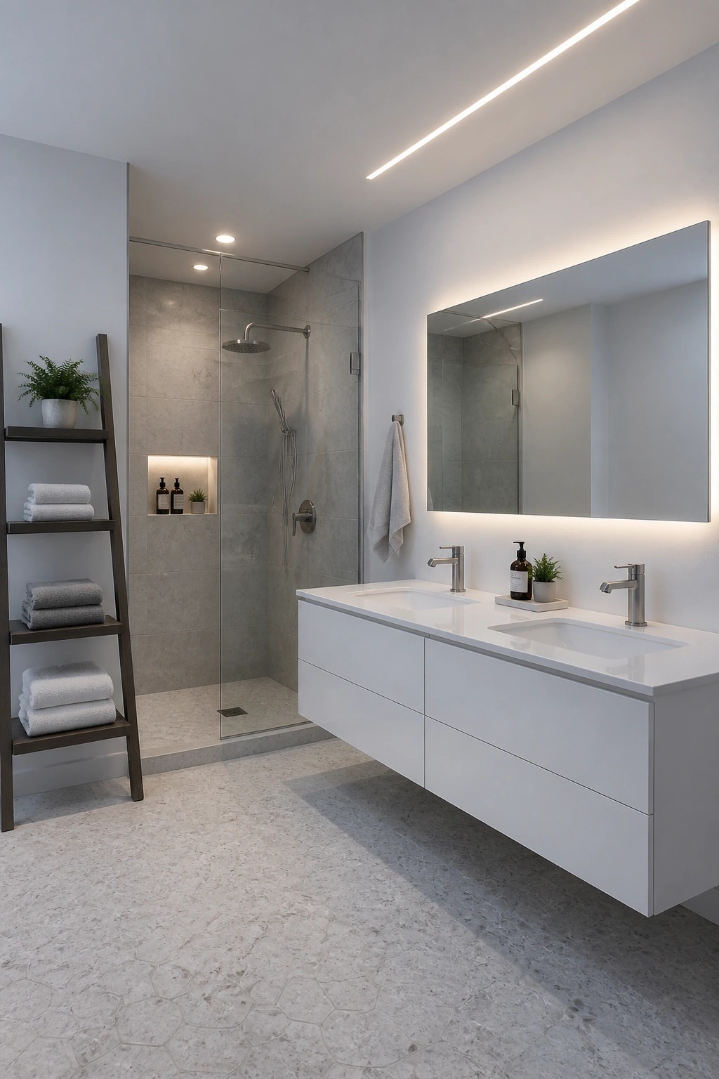 Light gray walls in a modern bathroom with a white floating vanity.