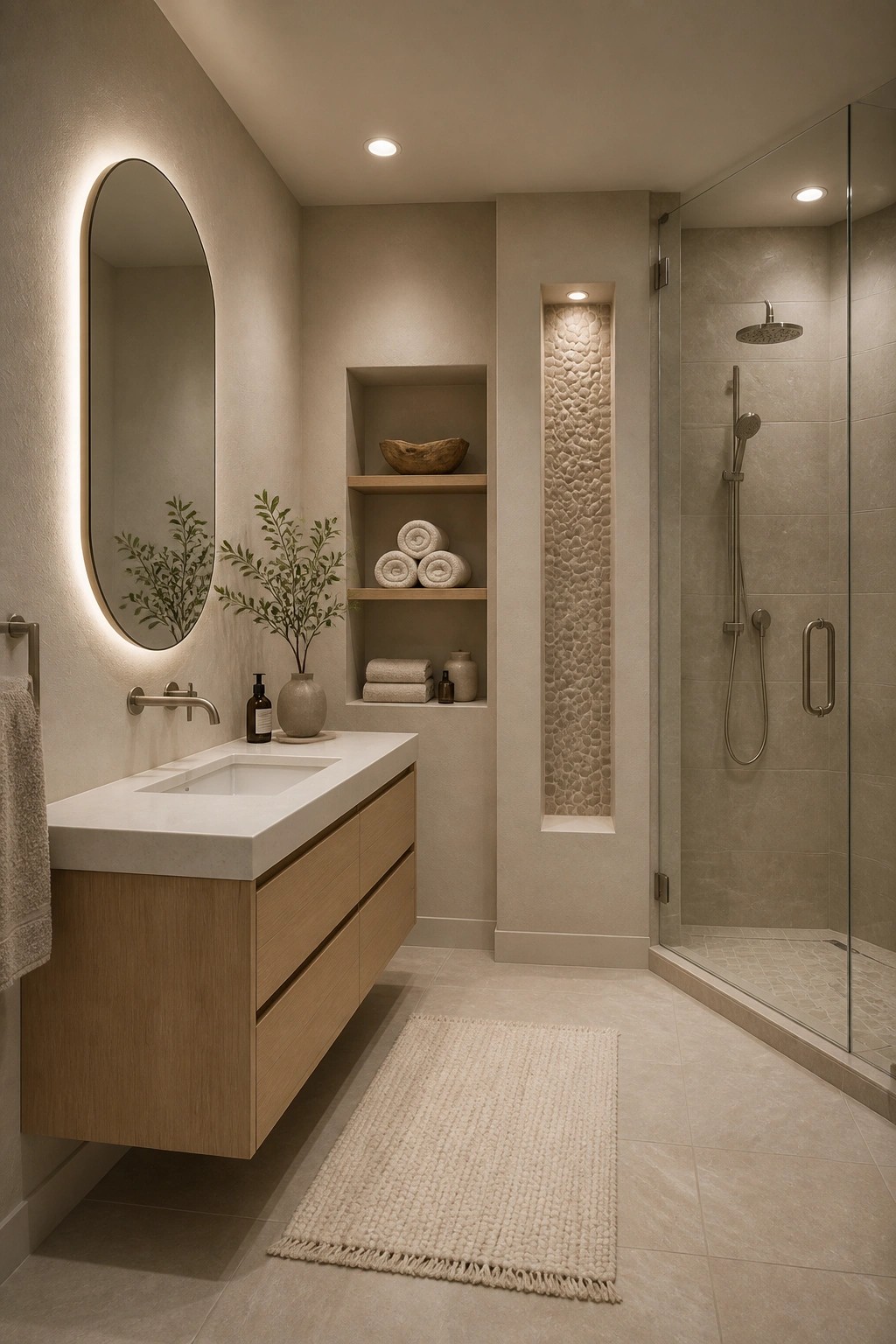 Modern bathroom with floating wood vanity, backlit oval mirror, open shelves, and glass shower.