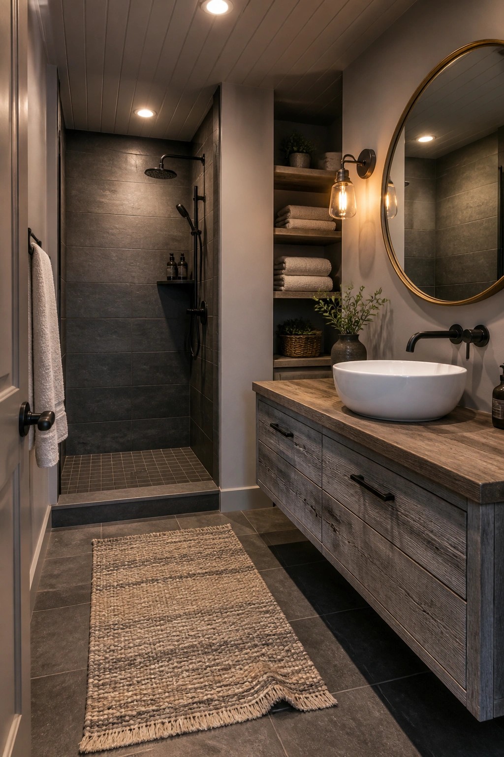 Light warm gray walls in a small modern bathroom with a wood vanity and dark tile shower.