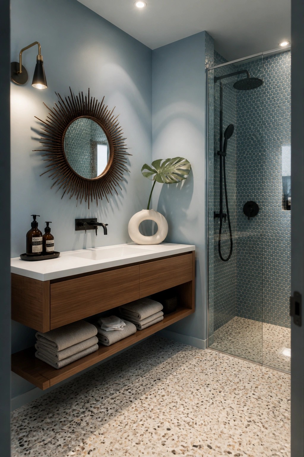 A bathroom with soft blue gray walls and a floating wood vanity.