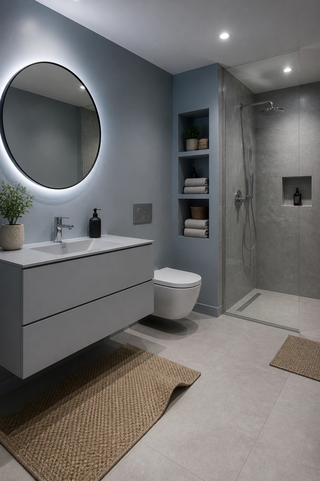 Soft blue gray walls in a small modern bathroom with a floating vanity and open shelving.