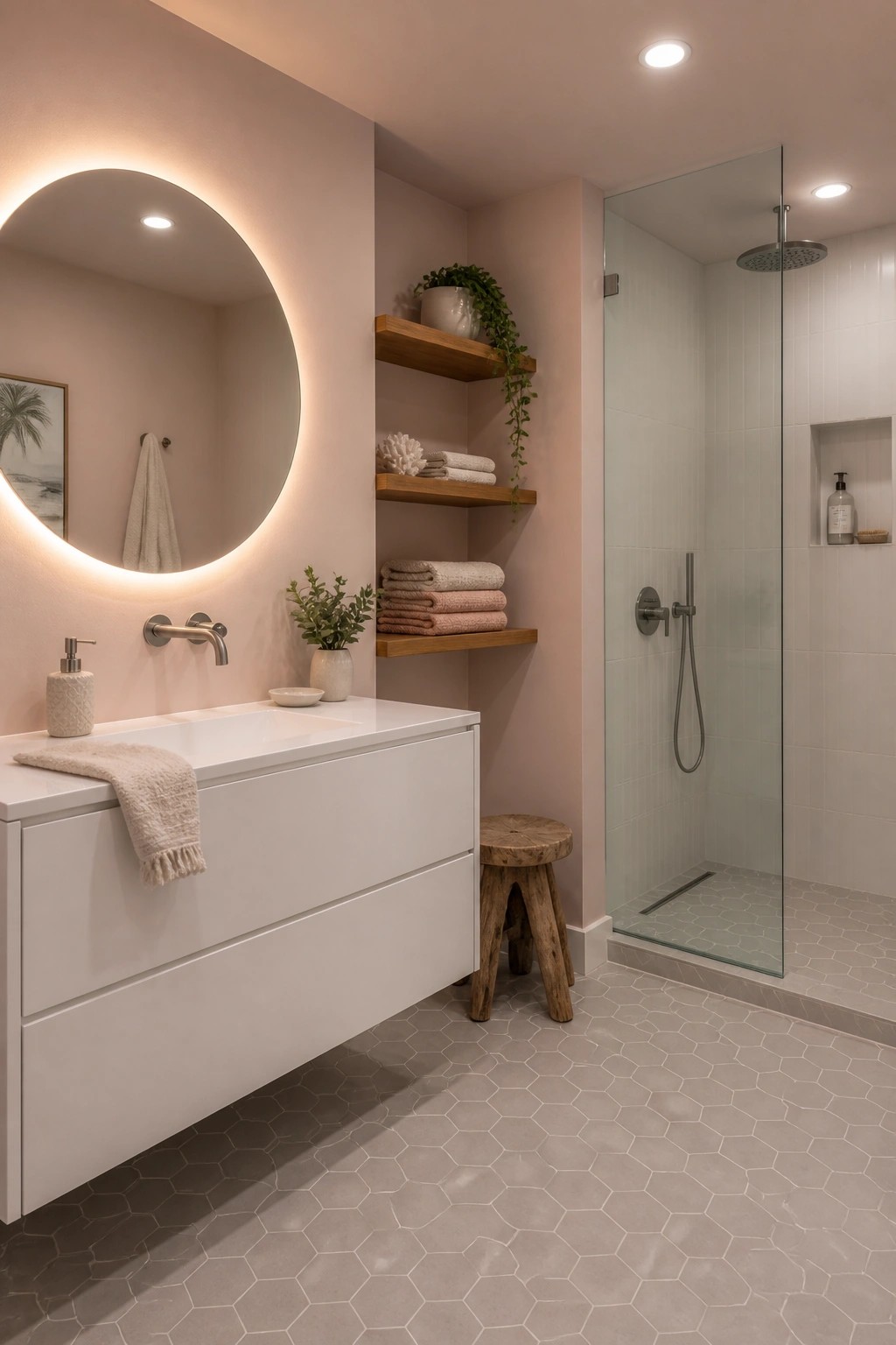 A bathroom with soft blush walls, a floating white vanity, and open wood shelves.
