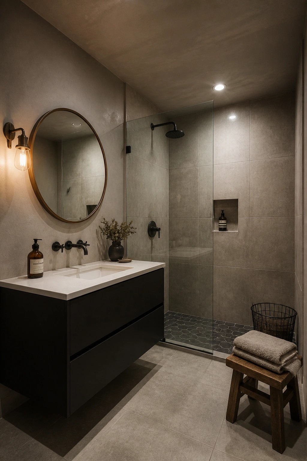 A small bathroom with soft greige walls and a floating dark vanity.