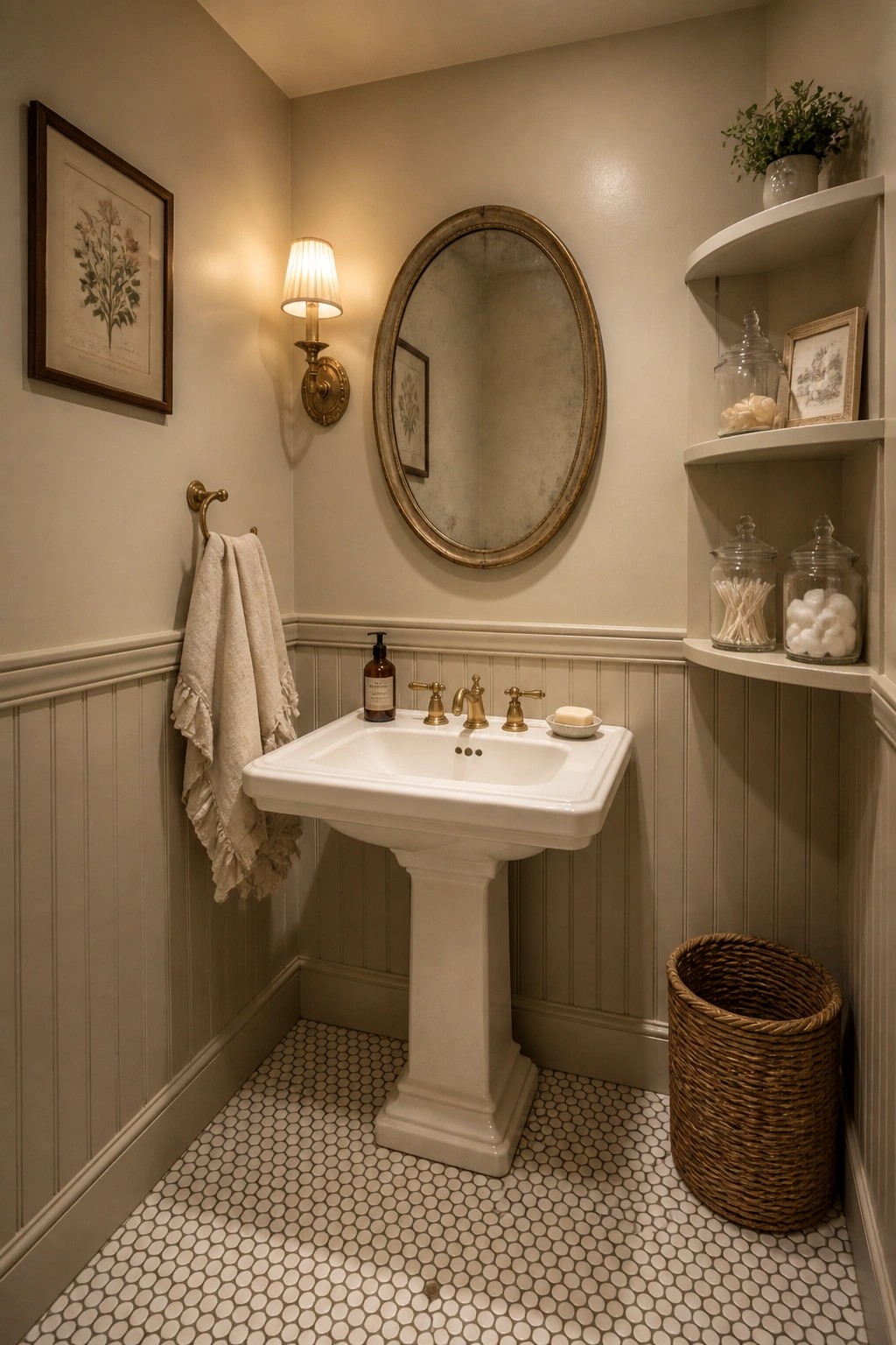 Bathroom walls painted a soft warm greige above white beadboard.