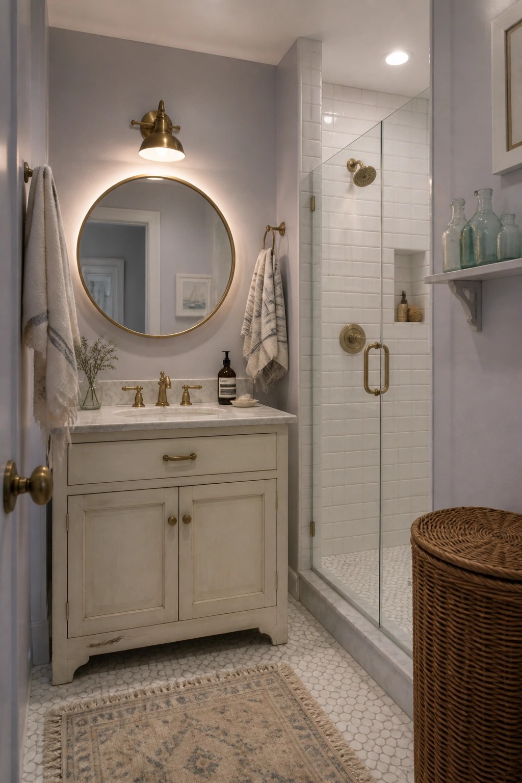 A bathroom with soft lavender gray walls and a vanity under a round mirror.