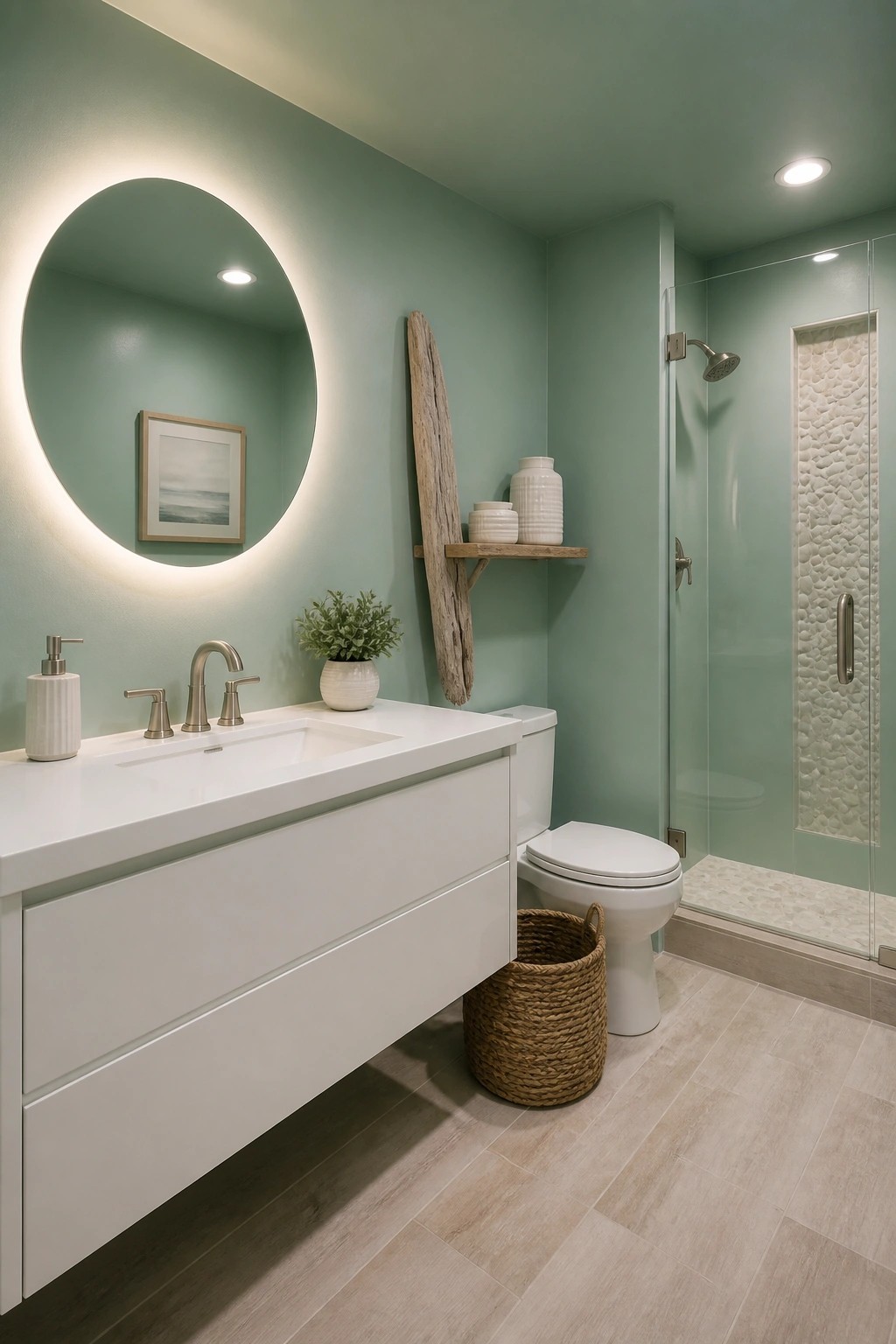 Light sage green walls in a small modern bathroom with white vanity and shower.
