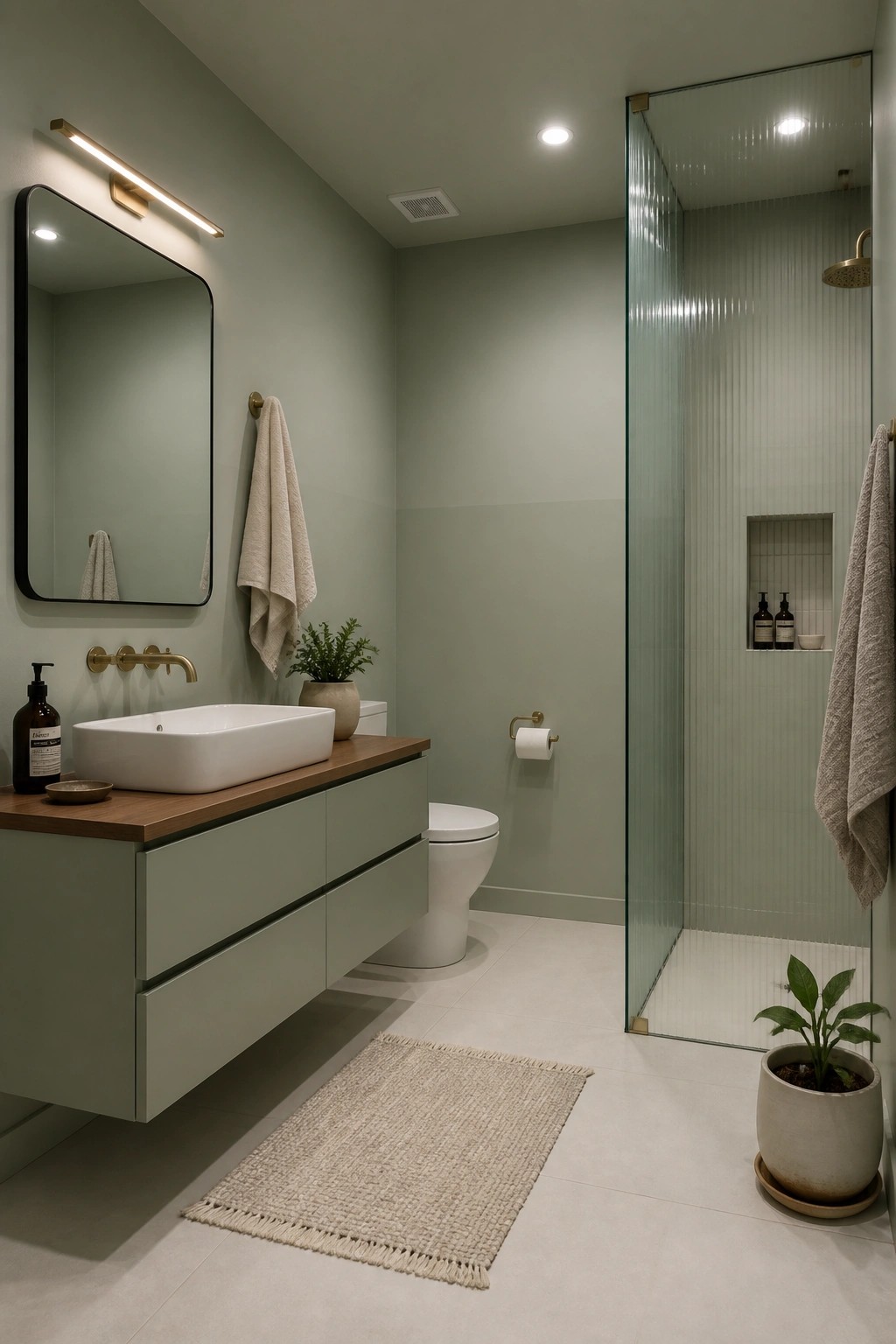 Light sage green walls in a small modern bathroom with a floating wood vanity.