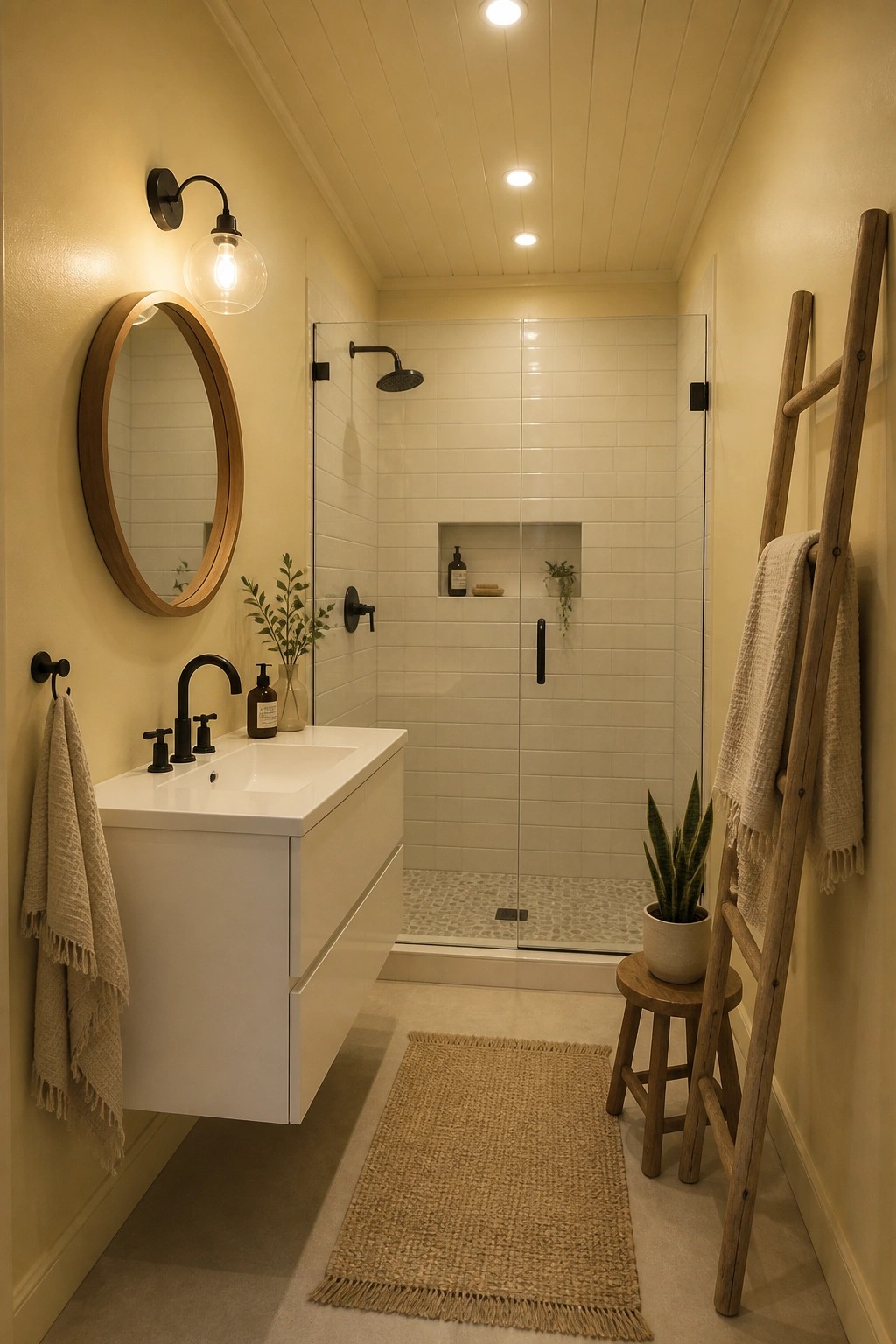 Narrow bathroom with pale yellow walls, a white floating vanity, and a glass shower.