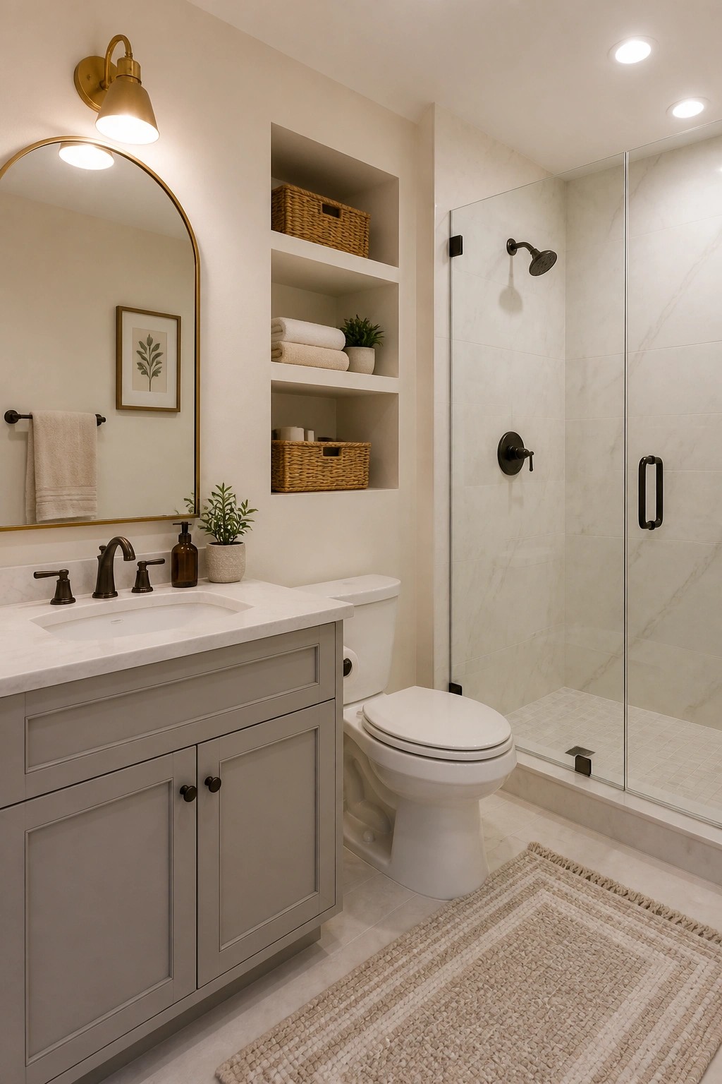 A small bathroom with warm cream walls and a gray vanity.