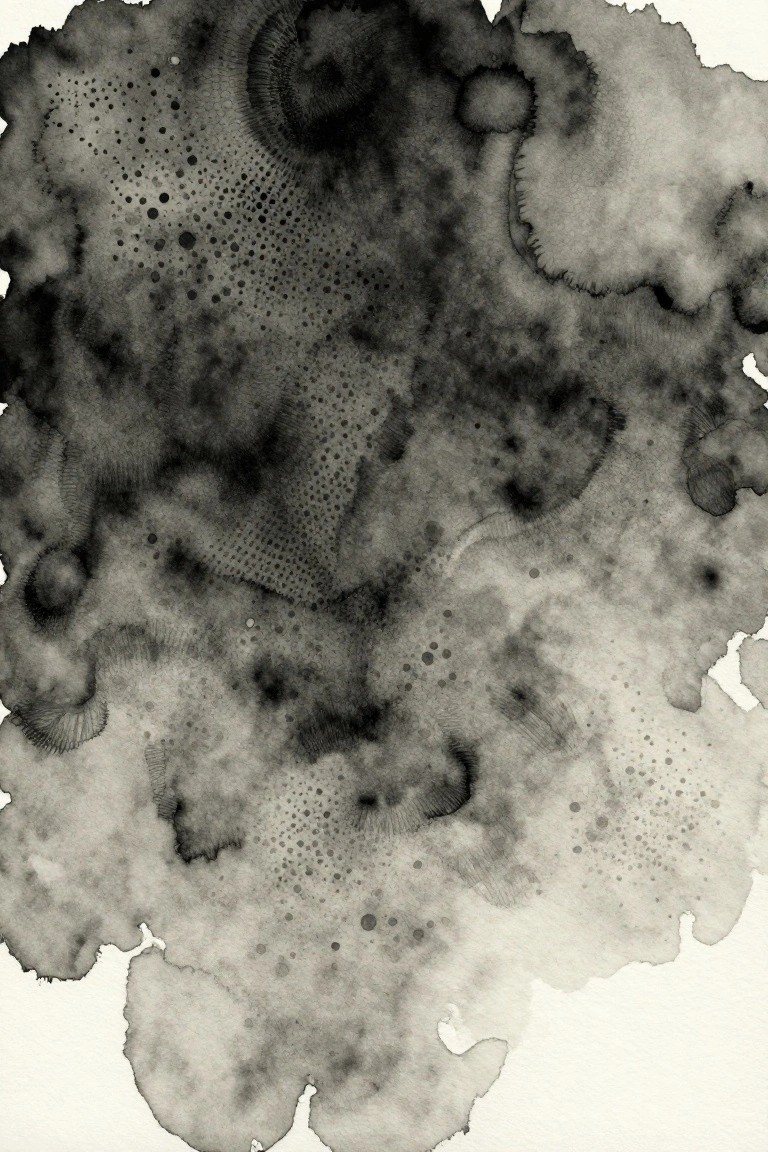 Abstract black ink wash with dotted textures forming organic cloud-like shapes on white paper.