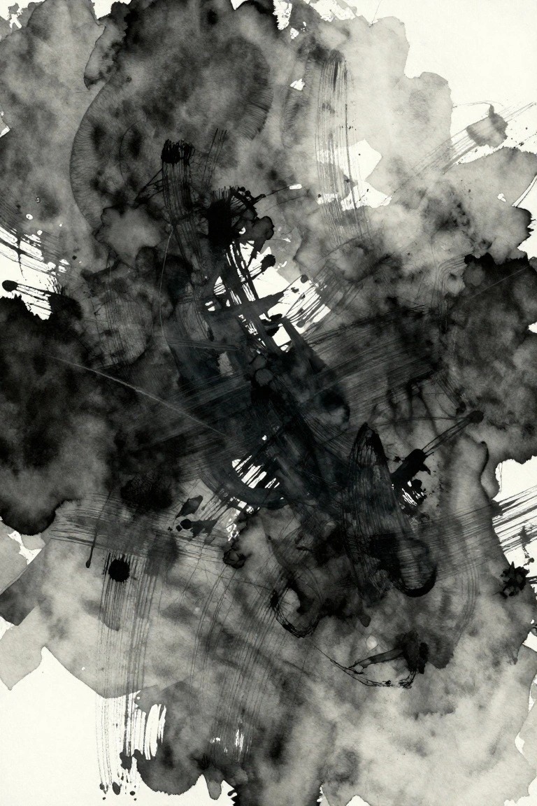 Abstract black ink splatters, brushstrokes, and washes on white paper 