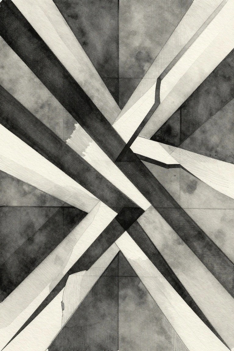 Abstract geometric ink drawing with intersecting angular lines in black, white, and gray.