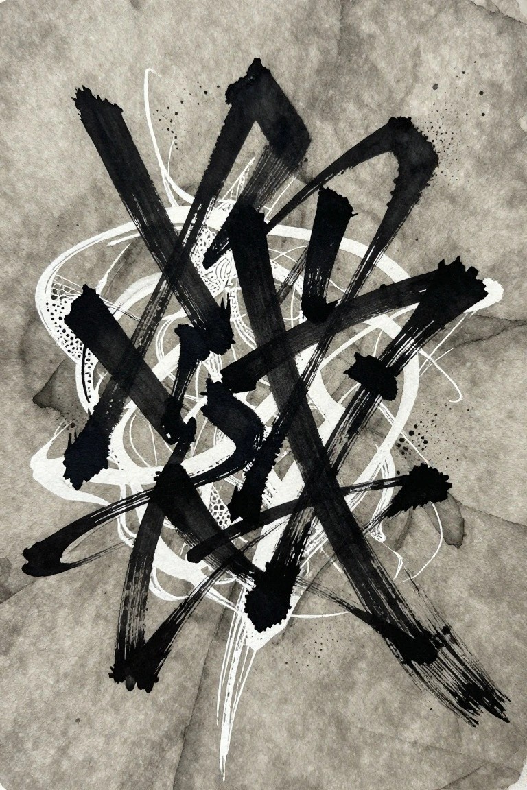 Abstract black ink brushstrokes crisscrossing over white patterns on textured gray paper.